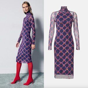 Rachel Antonoff x RTR Lilith Midi Dress in Navy Blue & Pink Long Sleeve Mesh M